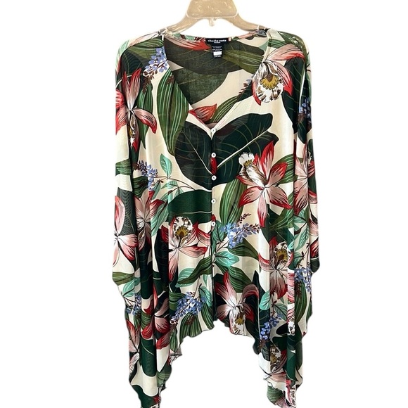 Cha Cha Vente Sz M Oversized Dolman Button Down Mesh Tropical Floral Blouse - Picture 1 of 9